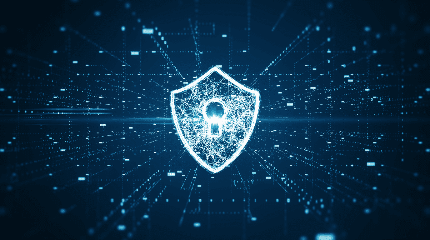 Glowing shield with a keyhole at its centre, set against streams of data receding into a dark blue digital space