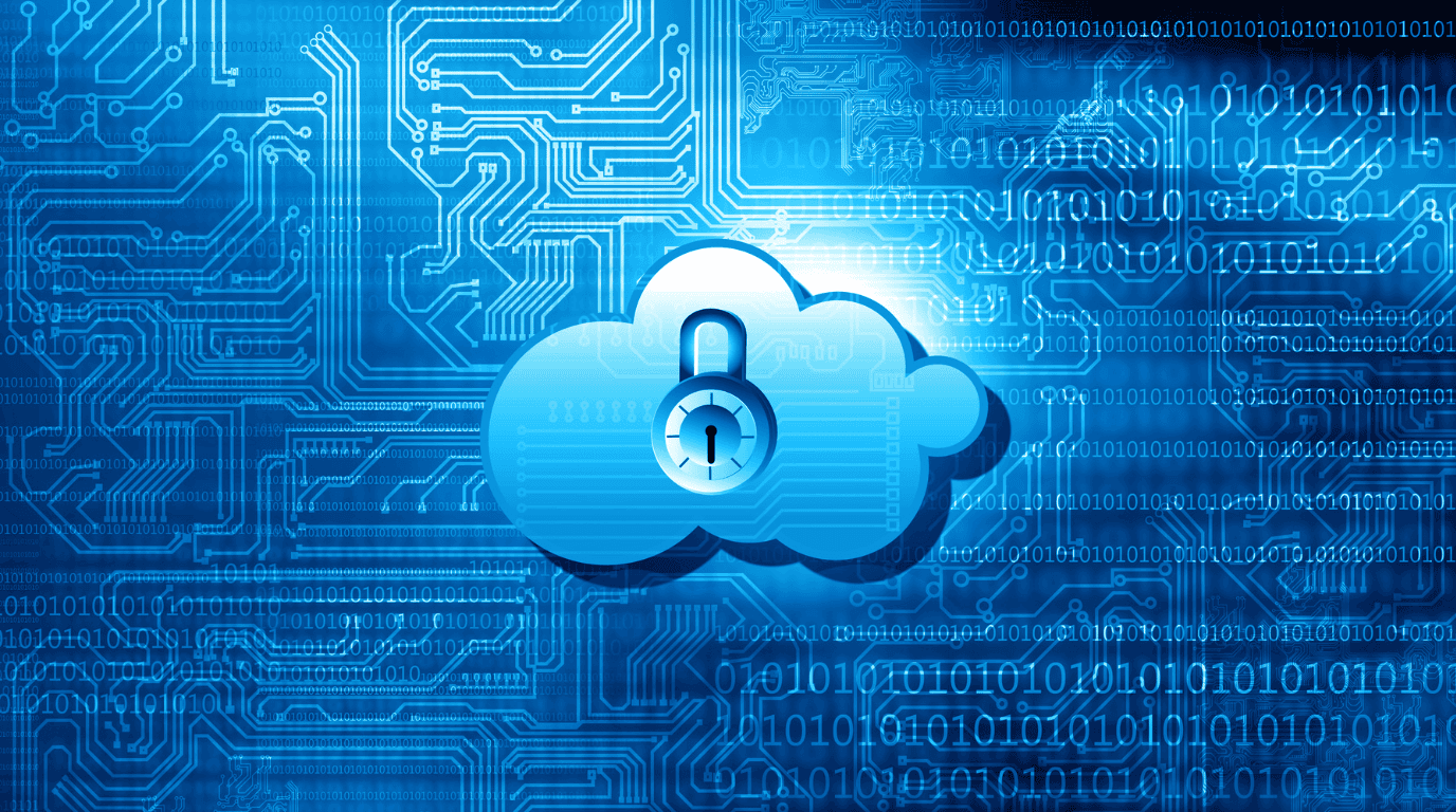 Padlock inside a stylised cloud over a blue circuit-board background