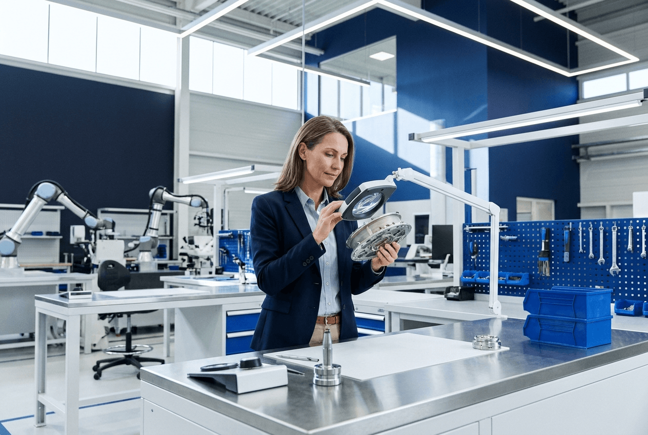 Technical specialist examining a precision component under a magnifying lamp in a modern engineering lab