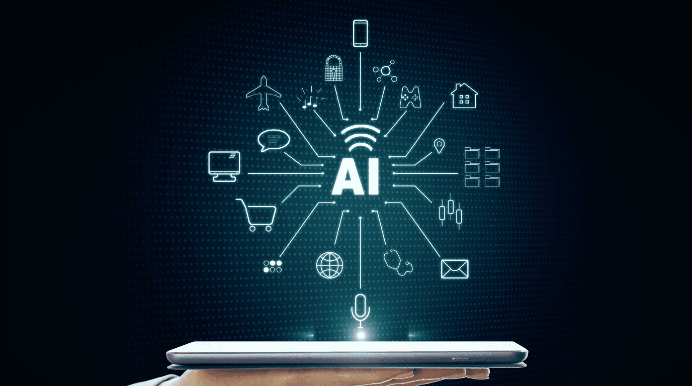 The letters AI at the centre of a network of connected application icons above a tablet