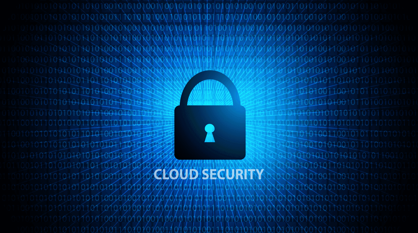 Padlock silhouette captioned Cloud Security, against a burst of blue binary code