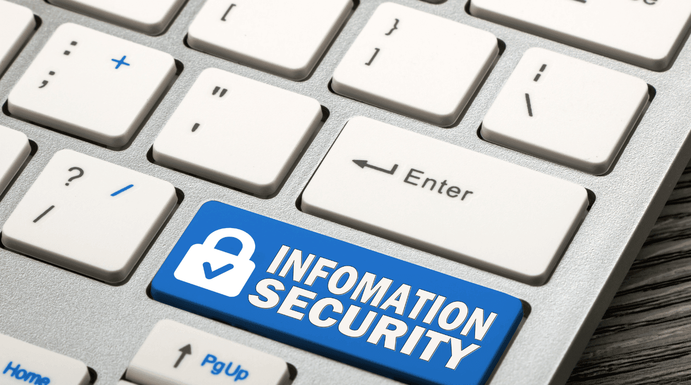 Computer keyboard with a blue key carrying a padlock icon and an information security label