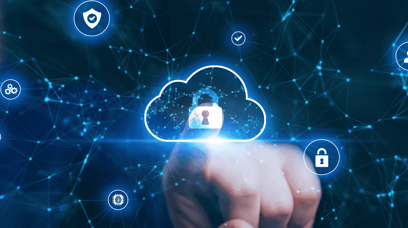 Fingertip touching a glowing cloud icon containing a padlock, ringed by a blue network mesh and security symbols