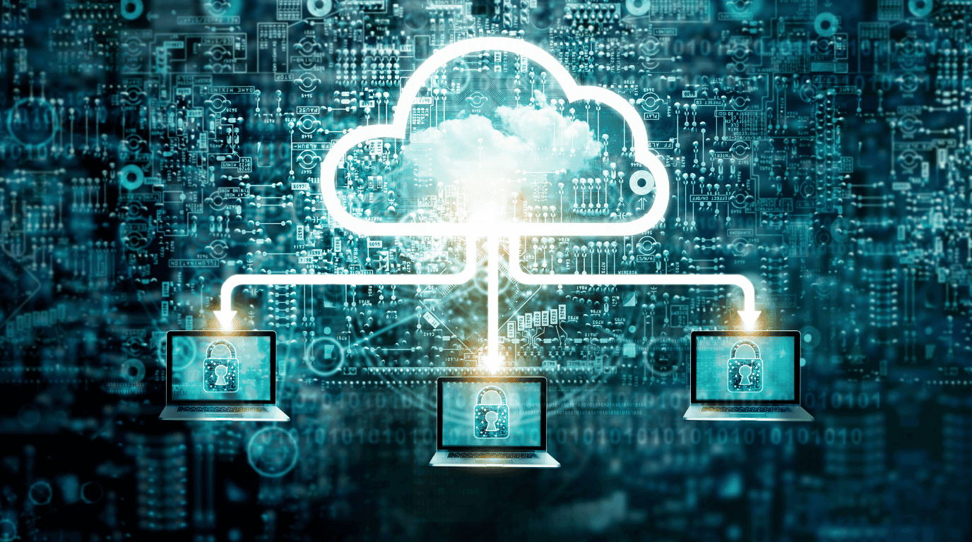 Glowing cloud icon linked by arrows to three laptops, each displaying a padlock, over a circuit board
