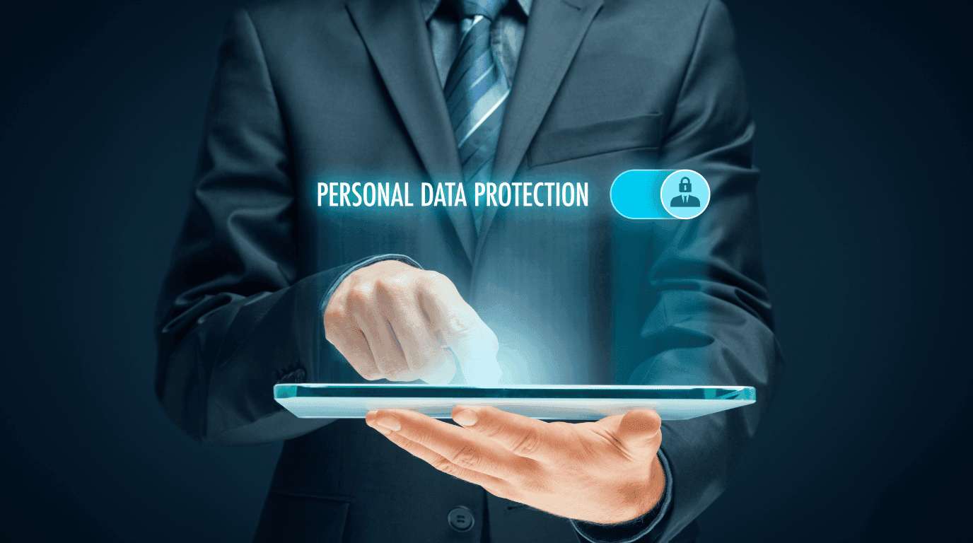 Shield formed from rows of anonymised personal data records, set against a deep blue background